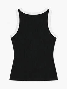 Women's Minimalist Contrast Trim Ribbed Knit Tank Top, Round Neck Slim Fit Skin-Friendly Sleeveless Casual Basic Top, Summer Daily Vacation Layering Top - Black - View 9