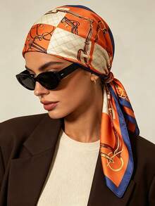1pc Vintage Equestrian Leather Strap Chain Print Satin Square Scarf, Multi-Functional Retro Headscarf, Scarf, Bag Decoration Accessory, Suitable For Women - Multicolor - View 11