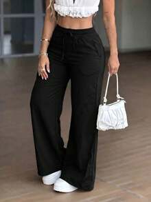 Women's Summer/Autumn Basic Solid Color Drawstring Linen-Style Wide Leg Pants, Loose Casual Long Pants, Suitable For Back To School, Beach Vacation And Daily Wear - Black - View 1