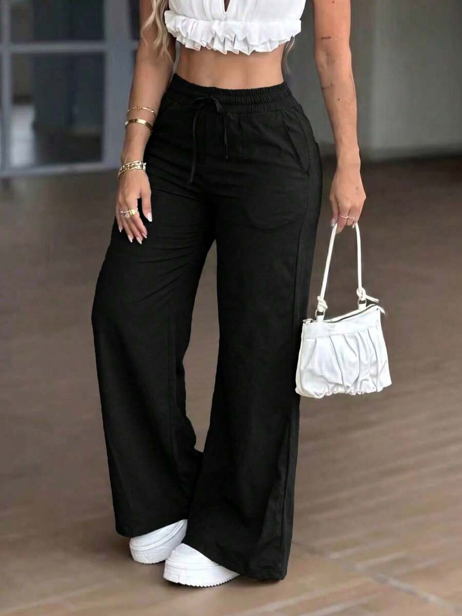 Women's Summer/Autumn Basic Solid Color Drawstring Linen-Style Wide Leg Pants, Loose Casual Long Pants, Suitable For Back To School, Beach Vacation And Daily Wear - Black - View 1