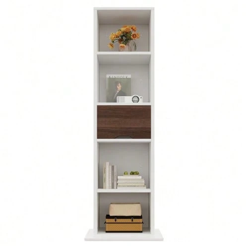 45*45*168 Cm Rotating Display Cabinet With Full-Length Mirror, Open Shelves, Drawer With Guide Rail, Freestanding Mirror Cabinet, Storage Cabinet In White - 1PC - View 1