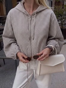 ACKCER 女款秋冬淺灰色格紋印花連帽拉鍊抽繩下擺落肩寬鬆短版夾克 - 彩色 - 查看 7