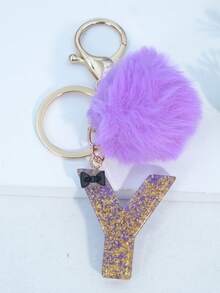 Minimalist Cute Initial Keychain A-Z Women's Bag Charm Black Bow Purple Pom Pom Key Chain Daily Wear Gift Accessory - Purple - View 13