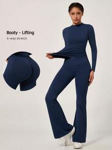 NcmRyu One Set Women's Round Neck Fitted Soft Long Sleeve High Waist Comfortable Flared Leggings Gym Training Running Aerobics Yoga Pilates Workout Set - Blue - View 1