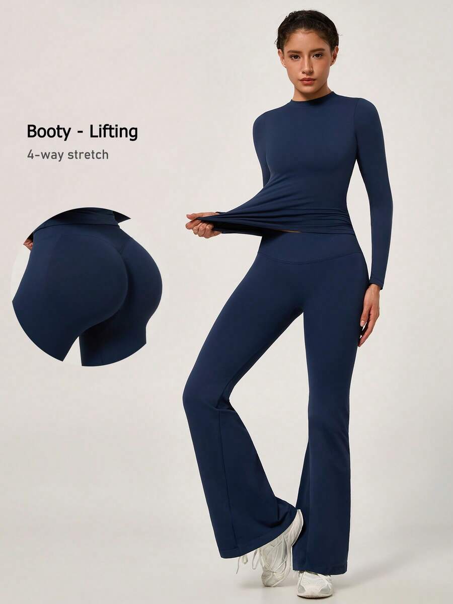 NcmRyu One Set Women's Round Neck Fitted Soft Long Sleeve High Waist Comfortable Flared Leggings Gym Training Running Aerobics Yoga Pilates Workout Set - Blue - View 1