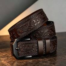 1pc Men's Luxury Belt, Vintage Style Belt, Black Alloy Buckle With Embossed PU Leather Strap, Suitable As Gift For Family, Birthday Gift - Brown - View 3