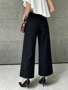 Black Mid-Waist Cropped Wide Leg Jeans For Women, Classic 5-Pocket Minimalist Commuter Casual Denim Pants - Black - View 6
