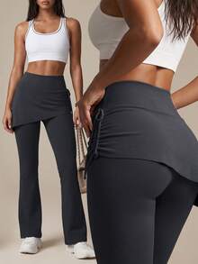 Soyun Women's High Waist Drawstring Pleated Hem Flare Yoga Pants, 2-In-1 Tummy Control Micro Flare Fitness Leggings, Suitable For Yoga, Running, Cycling And Sports - Grey - View 5