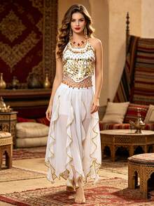 2pcs Belly Dance Performance Costume, Dance Performance Outfit, Top + Belly Band, Chili Pepper Theme Stage Performance Costume, Practice Set, Ruffle Long Skirt, Soft Comfortable Lightweight Chiffon Fabric - Multicolor - View 12