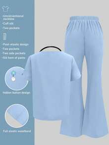 Solid Color V-Neck Short Sleeve Top And Split Flare Pant Lab Coat Nurse Scrub Uniform Set, Scrub Uniform For Pet Hospital Clinic Private Nursing Fall - Baby Blue - View 3
