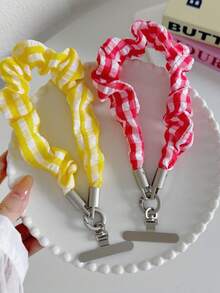 New Plaid Fabric Pleated Wrist Strap Phone Short Lanyard With Rotatable Washer Bag Charm - Yellow - View 6