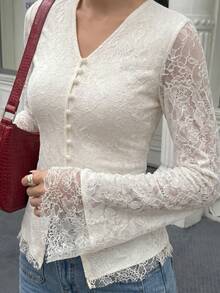 Women V-Neck Floral Lace Long Sleeve Blouse, Button Front Flare Cuff Slim Fit Split Hem Sheer Elegant Top - Apricot - View 3