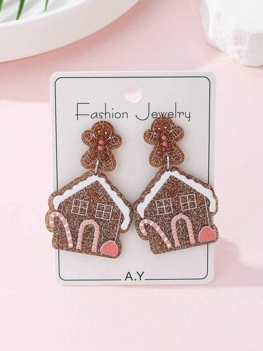 1 Pasang Anting-Anting Fashion Wanita dengan Desain Rumah dan Manusia Kue Jahe Berkilau untuk Natal, Cocok untuk Pesta Liburan dan Hadiah - MultiWarna - View 1