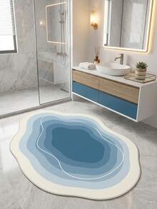 1PC Cream, Light Blue, Dark Blue Multi-Layer Wave Pattern Modern Minimalist Art Rug, Fresh Minimalist Style Faux Cashmere Asymmetrical Wave Asymmetrical Concentric Gradient Blue & White Ripples With Fine Edge Detail, Machine Washable Area Rug, Suitable For Living Room, Bedroom, Balcony, All Seasons, Aesthetic Home Decor - Multicolor - View 5