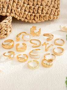 1 Set 15pcs Fashion Sweet Cool Style Sunflower Faux Pearl Metallic Glossy Water Drop Stackable Ring Set Suitable For Women Daily Wear, Vacation, Party - Gold - View 6