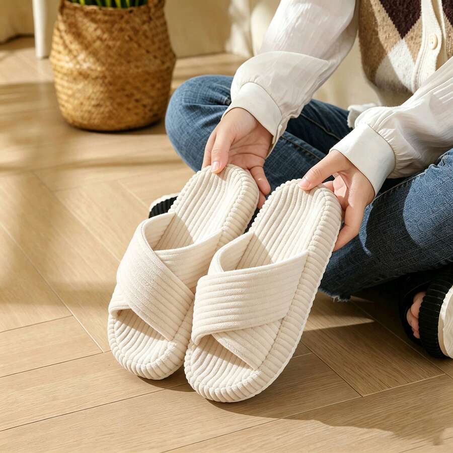 Women's Cross Strap Corduroy Slippers, Solid Color Flat Open Toe Indoor House Slippers, Soft Non-Slip Home Slippers, Size Runs Small, Please Order One Size Up - Beige - View 1