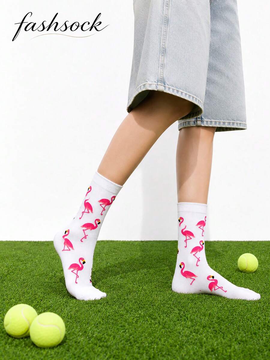 4 Pairs Women's Flamingo Jacquard Tennis Mid-Calf Socks, White With All-Over Pink Flamingo Print, Ribbed Cuff, High Elastic Moisture-Wicking Durable Knit - Multicolor - View 1