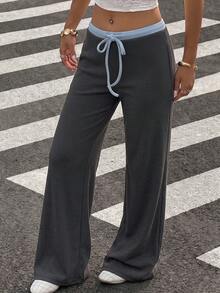 Women's Casual Colorblock Waist Drawstring Wide Leg Pants, Vertical Ribbed Texture Flared Long Pants, Comfortable Versatile Bottoms For Vacation, Commute And Daily Wear - Dark Grey - View 3