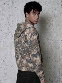 Men's Vintage Washed Leopard Print Zip Up Hoodie, Star Letter Embroidery Loose Casual Street Jacket - Multicolor - View 2
