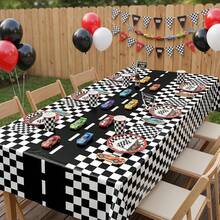 Racing Theme Disposable Tablecloth - Black & White Checkered, Suitable For Parties, Weddings, Birthdays Etc. - Durable PE Plastic, 54" X 108", Party Decoration (1PC/4PCS) - Black and White - View 7