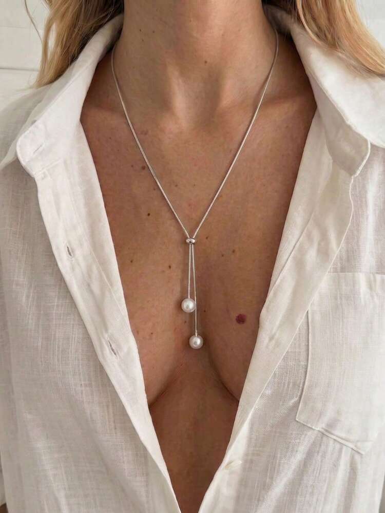 1pc Minimalist Elegant Faux Pearl Pendant Necklace, Suitable For Parties, Gatherings, Gifts, And Daily Wear - Silver - View 1