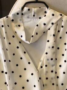 Bowknot Tie-Front Polka Dot Long Sleeve Blouse - White - View 4