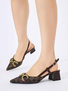 Women's Metal Horse Bit Decor Back Slingback Pointed Toe Square Heel Mid-Heel Retro Coffee Brown Printed Fabric Low Vamp Pumps Suitable For Office, Dating, Daily Wear, Spring, Summer, Autumn, Winter - Coffee Brown - View 5