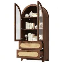 Display Cabinet With Montmartre Arch, 175x80x40cm, Bookshelf With 2 Drawers & Adjustable Shelves, Retro Design, Walnut - Natural Color - View 10