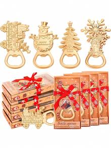 4件/組聖誕開瓶器附禮盒包裝與感謝卡－節日設計（雪人、雪花、馴鹿、花環、禮物車）－金屬節日裝飾，適用於居家、酒吧、派對、聖誕派對伴手禮裝飾、聖誕禮物 - 多色 - 查看 1