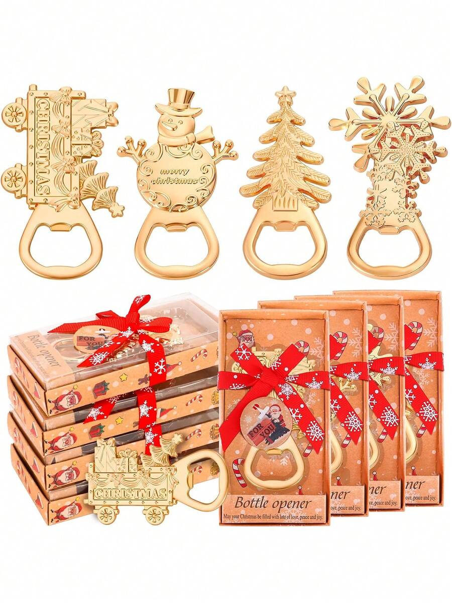 4件/組聖誕開瓶器附禮盒包裝與感謝卡－節日設計（雪人、雪花、馴鹿、花環、禮物車）－金屬節日裝飾，適用於居家、酒吧、派對、聖誕派對伴手禮裝飾、聖誕禮物 - 多色 - 查看 1