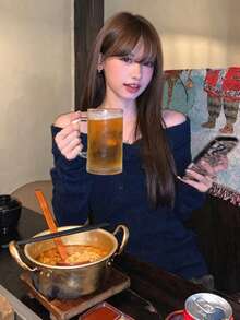 [Y6Y]女款秋季高端優雅露肩針織毛衣，長袖修身百搭套頭上衣 - 藏蓝色 - 查看 6