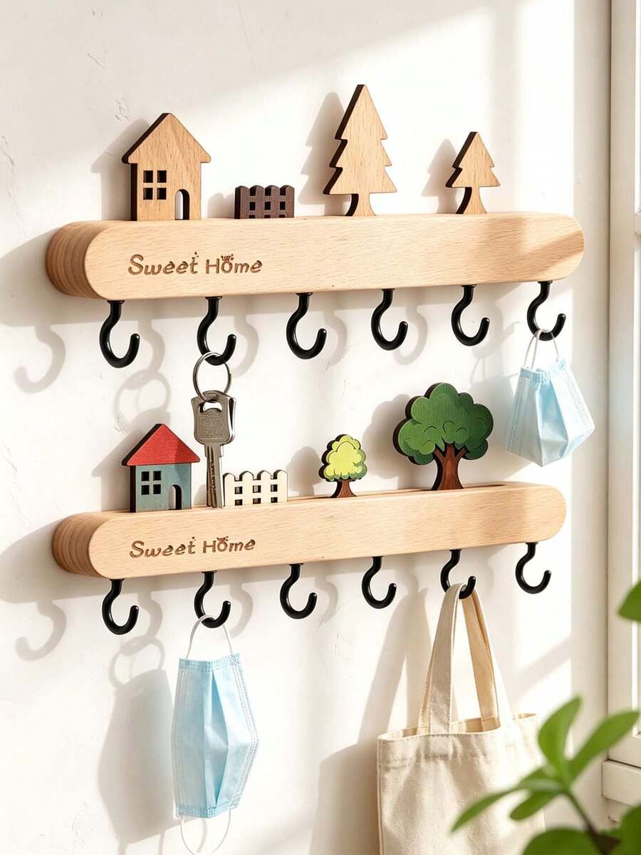 1pcsNordic‑Style Wooden Wall‑Mounted Hook Rack, Long Strip Rectangular Shape, Wall Hanging Storage Function, Entryway Key Holder, Wall Coat Hanger For Hallway Living Room Household Daily Organizing