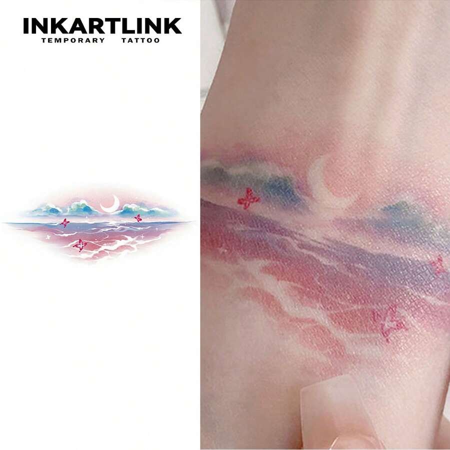 INKARTLINK 1PC Dreamy Macaron Moonlight Ocean Butterfly Temporary Tattoo Sticker, Waterproof Body Art Tattoo Sticker, Lasts 2-5 Days, Water Transfer Color Tattoo Sticker, Suitable For Men And Women, Essential For People, Party Essential Decoration, Festival Celebration Body Decoration