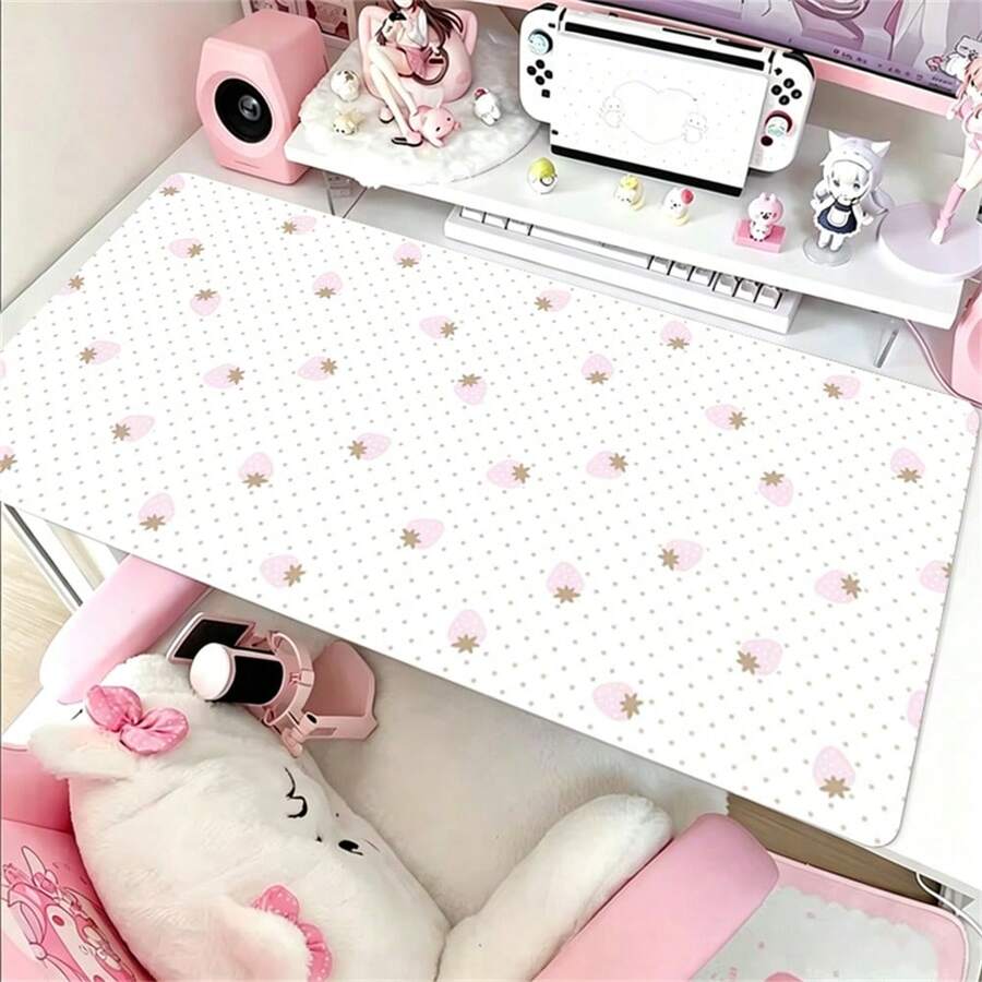 Alas Mouse Meja Besar Kulit PU Motif Polkadot Stroberi Merah Muda yang Lucu, Tahan Air, Anti Kotoran, Anti Selip, Alas Meja Keyboard, Pelindung Permukaan Meja yang Halus, Dekorasi Meja Estetis yang Manis untuk Rumah, Kantor, Kerja, Belajar, Bermain Game, Laptop, Komputer, Desktop, dan Penggunaan Sehari-hari - View 1
