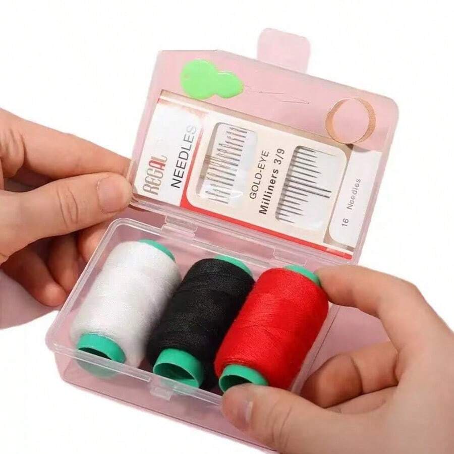 EDCUEBE7 1set Mini Hand Sewing Repair Kit, 3 Rolls Sewing Thread(Black/White/Red), 16pcs Large‑Eye Needles, Needle Threader & Metal Thimble, Compact Clear Storage Case For Home Travel DIY Sewing Supplies