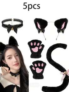 5PCS/Women Cat Ear & Tail Costume Set, Suitable For Cosplay, Adjustable Headband & Tail, Fluffy Cat Accessories, Applicable For Theme Parties, Halloween Various Role Play Costume Props. - Black - View 8