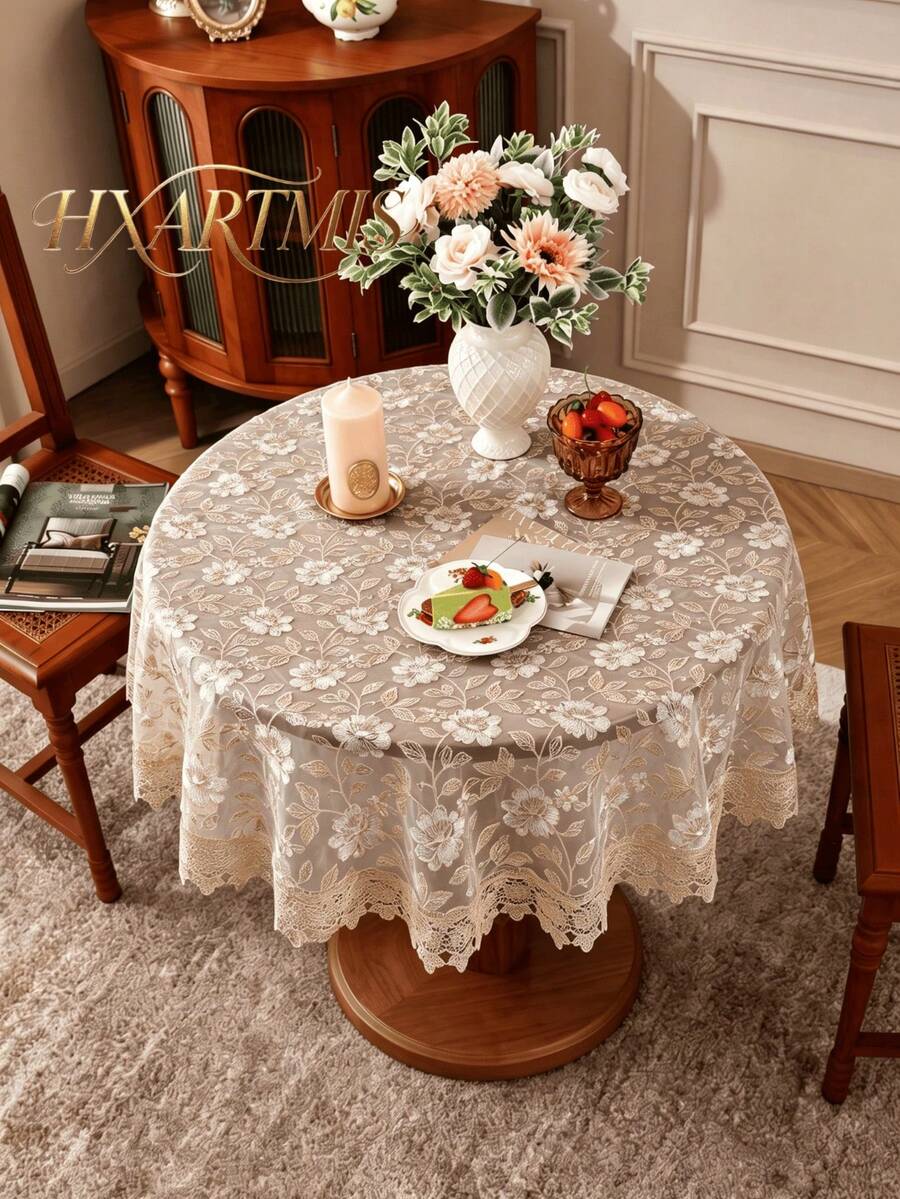 HXARTMIS 1pc Lace Embroidered Round/Rectangular Tablecloth, Elegant Floral Embroidered Table Cover, Vintage Tulle Mesh With Lace Trim, Suitable For Home, Wedding, Living Room, Kitchen And Other Decoration