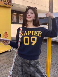 Áo len dệt kim nữ phong cách Mỹ Hot Girl phối màu chữ, thiết kế mới thu đông, áo chui đầu vai bất đối xứng - Màu xanh lam - Xem 6