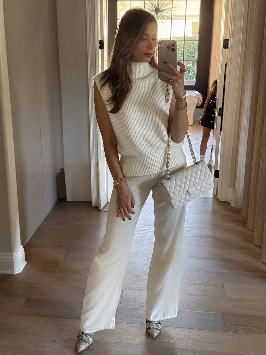 ODALIA Women's Elegant Solid Color High Neck Long Sleeve Knit Vest, Women's White High Neck Ribbed Knit Sweater Vest, Fall/Winter Regular Fit Sleeveless Knit Vest 2026 New Arrival, Women's Fall/Winter Knit Vest, Women's Party Vest, Women's Fall/Winter Elegant Outing Outfit, Fall/Winter Luxury Knit Vest, Christmas - Apricot - View 1