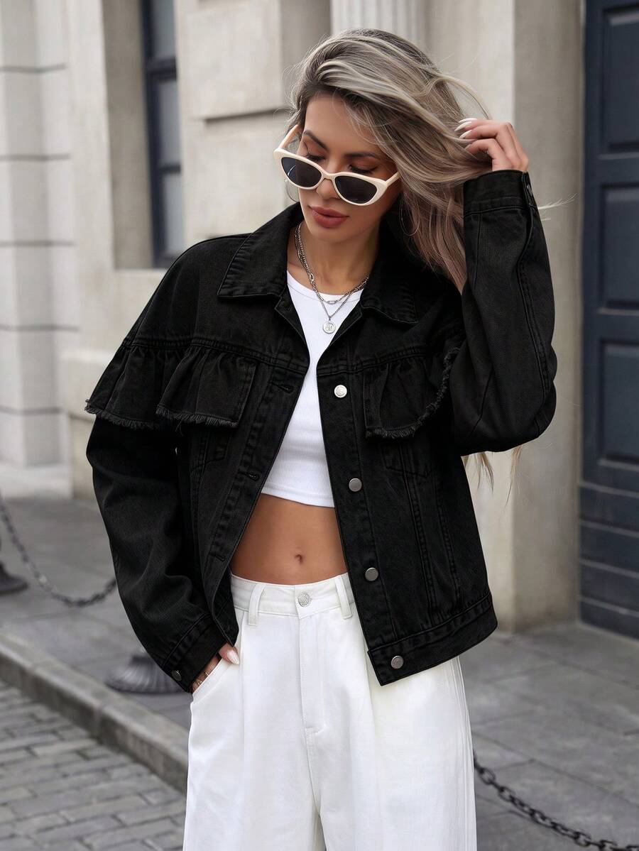 HAPPY GIRL#Spring/Autumn Fashion College Vacation Daily Date Travel Airport Outfit Ruffle Trim Women's Casual Commute Short Denim Jacket - Black - View 1