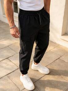 Men's Spring/Autumn New Elastic Waist Drawstring Fashion Casual Multi-Pocket Cargo Pants - Black - View 2