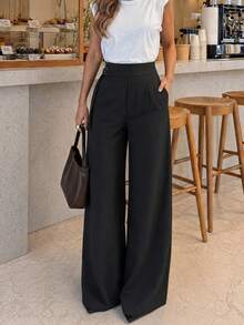 Women's Elegant High Waist Double Ring Buckle Pleated Wide Leg Suit Pants - Black - View 1