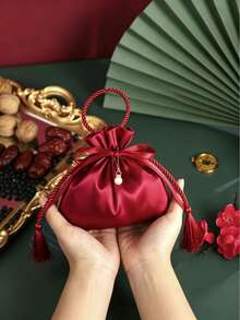 10pcs Burgundy Satin Drawstring Gift Bags, Pearl Tassel Candy Bags, Wedding Party Favor Bags, Bridal Shower Return Gift Storage Bags, Suitable For Jewelry And Small Gifts - A - View 4