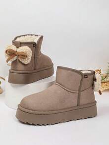 Women's Short Thick Sole Snow Boots, Furry Bow Back, Thermal Lined Warm Height-Increasing Boots - Khaki - View 3