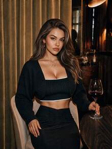 Vexica Women's Sexy Black 2 Pieces Knit Top Set, Square Neck Crop Top & Bolero Cardigan For Night Out, Daily, Going Out And Fall - Black - View 5