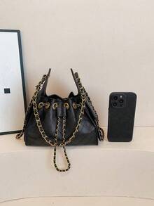 Dedoo Rhombus Pattern Double Shoulder Strap Women's Large Capacity One Shoulder Crossbody Bag Drawstring Bucket Bag Commuter Underarm Bag - Black - View 4