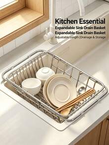 1pc Expandable Rustproof Stainless Steel Over Sink Dish Drainer Basket, Adjustable Telescopic Kitchen Sink Storage Rack, Dish Drying Holder For Plates, Bowls, Chopsticks & Tableware, Space Saving Kitchen Counter Organizer Home Gadget - Multicolor - View 8