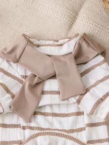 Set Pakaian Anjing dan Kucing 2 Potong: Atasan Kerah Selendang Bergaris Patchwork Warna Khaki dengan Tali Pengikat + Pullover - Khaki - View 5