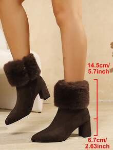 New Women's Versatile Fur Side Zipper Chunky Heel High Heel Ankle Boots, Pointed Toe Fashion Boots For Autumn/Winter - Brown - View 3