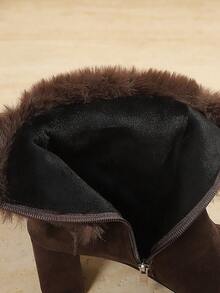 New Women's Versatile Fur Side Zipper Chunky Heel High Heel Ankle Boots, Pointed Toe Fashion Boots For Autumn/Winter - Brown - View 8